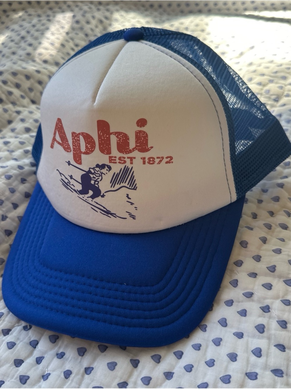 Aphi Trucker Hat with Ski Graphic - White & Royal Blue